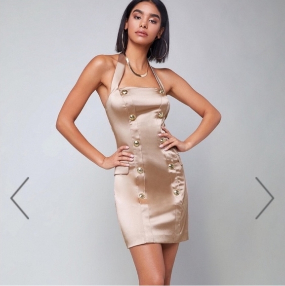 Bebe Gold Bodycon Halter Dress Women's Size 8 - Picture 1 of 4